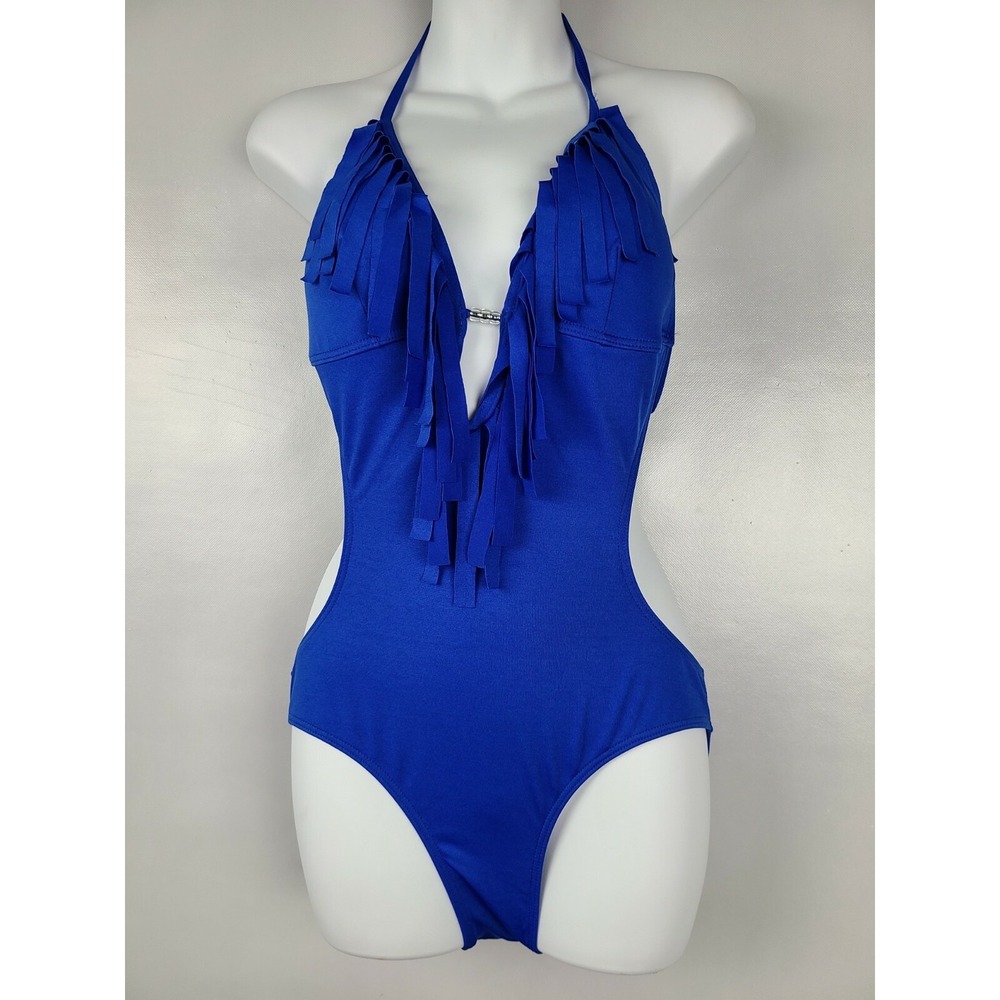 Prestige Edge Womens Monokini Size Large Blue Fringe Beaded One Piece Swimsuit